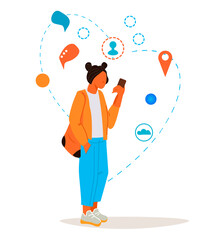 Girl using mobile phone for communication in social network and messaging, flat vector illustration isolated on white background. 5G, 4G internet and wireless communication technology, flat vector.