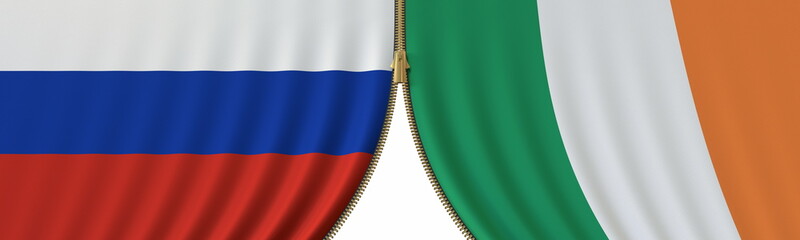 Russia and Ireland cooperation or conflict, flags and closing or opening zipper between them. Conceptual 3D rendering