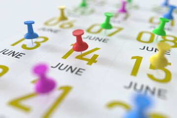June 14 date and push pin on a calendar, 3D rendering