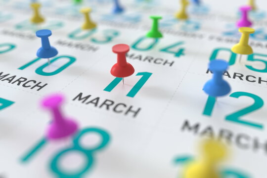 March 11 date and push pin on a calendar, 3D rendering