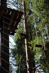 Forest adventure park activities, tree top rope adventure park, rope course for children and teenagers.
