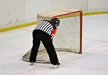 Arbitro hockey ghiaccio controlla la rete prima della partita