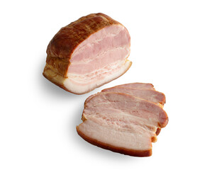 Sliced smoked pork loin, isolated on white background.
