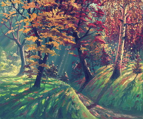 Autumn magic forest landscape painting art by oil on canvas, beautiful nature park artwork illustration, fantasy sunlight, colorful red, orange and yellow leaves, beautiful trees and hills.