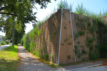 Begrünte Lärmschutzwand in zur Stabilisierung mit Jute-Geotextil ausgekleideter...