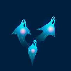 The bright cartoon ghosts with hearts are isolated on a dark blue background. Vector illustration.