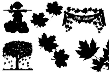 Autumn leaves and wood black silhouette. Set of autumn leaves, berries, nuts and tree isolated. Black silhouette on a white background. Vector illustration