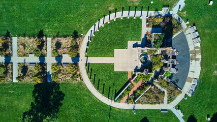 Aerial looking down on park monument of old ruins