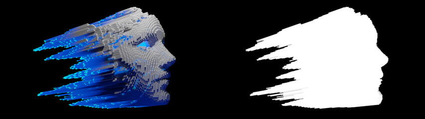 Abstract digital human face.  Artificial intelligence concept of big data or cyber security. 3D illustration 