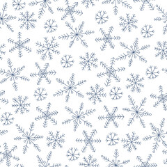 Snowflakes seamless pattern. Blue doodle snowflakes on white background. Line art. Background for winter design. 