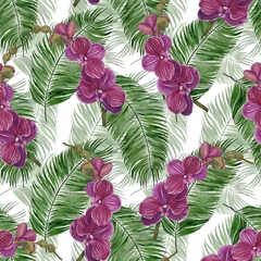 Hand painted exotic flowers and leaves on a white background. Watercolor seamless pattern with jungle palm leaves and orchids. Floral tropical illustration for design, fabric or background. © Olga Shulgina