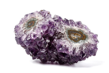 Macro mineral stone Amethysts eye crystals on white background