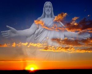 Jesus Sunset on Mountains Horizon Clouds Sunstar Sun star Glowing