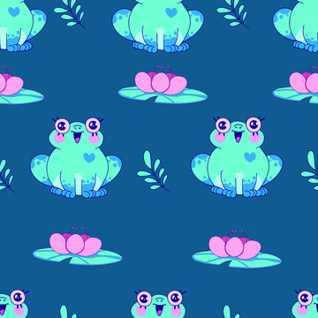 Children's vector cartoon pattern with frogs and plants. Cute green toads are smiling. Print for children, for printing on fabric, T-shirts, notebooks, toys, clothes, postcards, banners, wallpaper