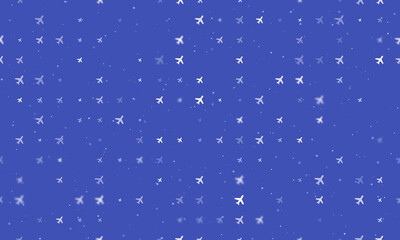 Seamless background pattern of evenly spaced white plane symbols of different sizes and opacity. Vector illustration on indigo background with stars