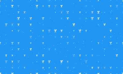 Seamless background pattern of evenly spaced white dinner time symbols of different sizes and opacity. Vector illustration on blue background with stars