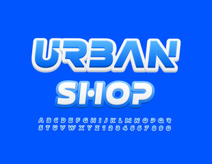 Obraz premium Vector modern logo Urban Shop. Abstract Blue and White Font. Bright Alphabet Letters and Numbers set