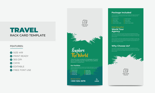 Travel Rack Card or Dl Flyer Template. Double-Sided Tour Poster Leaflet Design Template