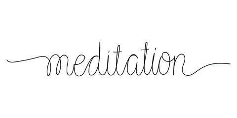 One continuous mono line word - meditation. Hand drawn vector cursive text. Isolated on white background.