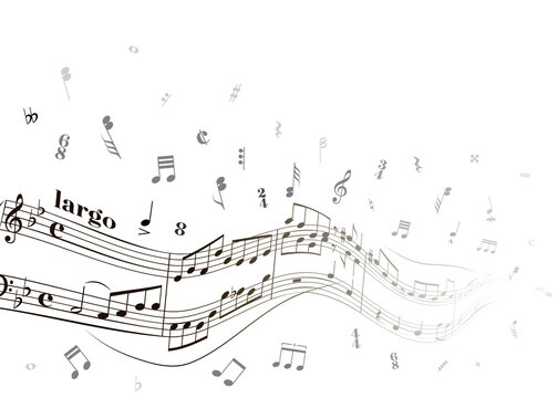 Waving music sheet notes on white, abstract background