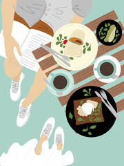 Breakfast time illustration. Fresh food and drinks in flat style - 466026511
