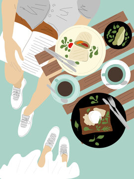 Breakfast time illustration. Fresh food and drinks in flat style