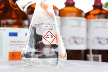 Nitric acid in glass, chemical in the laboratory