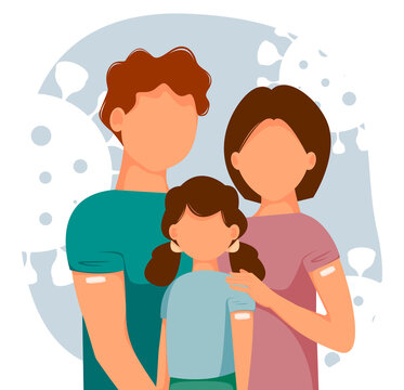 Vector Illustration Of Happy Vaccinated Family With Kids. Mother, Father, Daughter. Concept Of Health, The Spread Of The Vaccine, Healthcare, Call Of Fight Against Coronavirus.