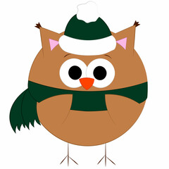 Cute cartoon Owl in hat and scarf. Draw illustration in color
