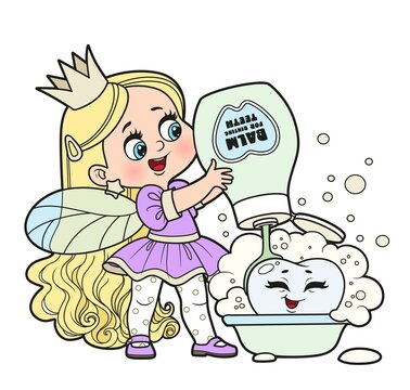 Cute little cartoon girl tooth fairy pours balm on a tooth rinse color variation for coloring page on white background