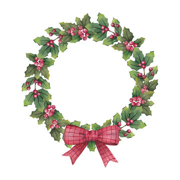 Christmas watercolor wreath, frame with green leaves, berries and a red bow.