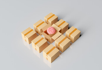 brain coming out of an open box surrounded by more boxes