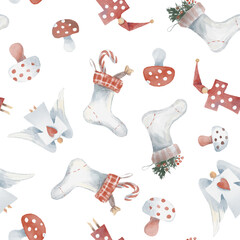 watercolor seamless pattern with a Christmas stockin, cobbler for the mantel, dolls, toys, angels, mushrooms