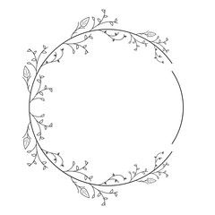 Abstract Black Simple Line Round Circ With Leaf Leaves Frame Flowers Doodle Outline Element Vector Design Style Sketch Isolated Illustration For Wedding And Banner