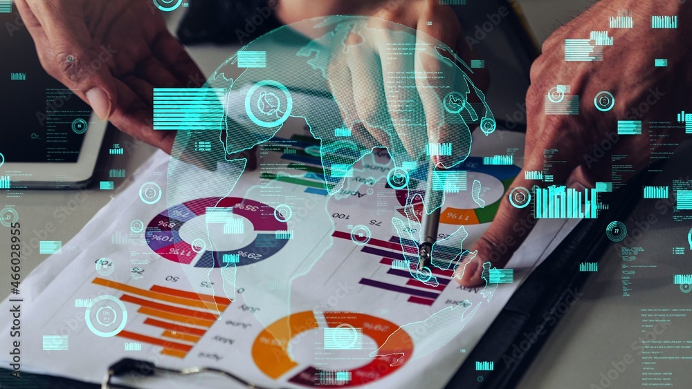 Poster conceptual business dashboard for financial data analysis . 3d render computer graphic .