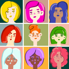 Woman cartoon character icon isolated. Set of human faces expressing positive emotions.