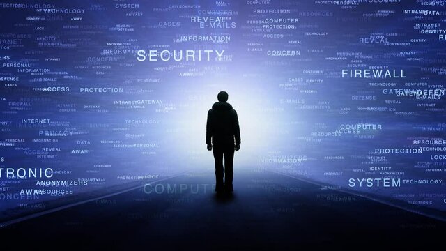 Businessman standing on an empty road with network security measures word cloud cyberspace technology background animation.