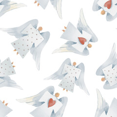 watercolor seamless pattern with a Christmas dolls, angels