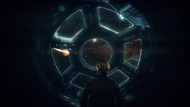 Space Travel Man Inside Spaceship Looking Planets. Man inside spaceship traveling though space looking to planets in the solar system. Zoom in
