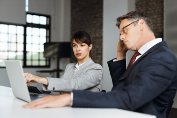 Business colleagues cooperating while working on laptop in the office