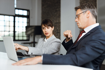 Obraz premium Business colleagues cooperating while working on laptop in the office