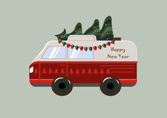 Minibus car with a Christmas tree with toys balls and a Christmas garland. Vector illustration postcard.