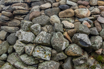Pile of Round Stones with Moss Backdrop Gray Nature Texture of Rock Pattern