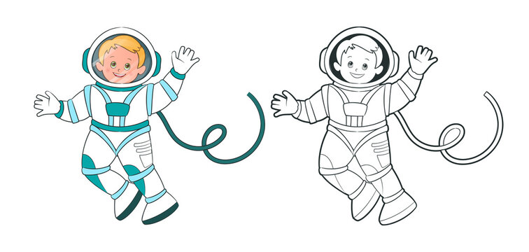 Coloring book: An astronaut in a blue and white spacesuit waves a friendly hand. Vector illustration in cartoon style, black and white line art, isolated on white background