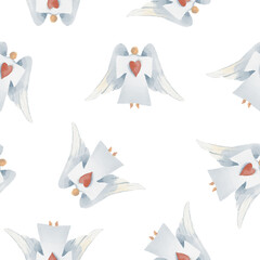 watercolor seamless pattern with a Christmas dolls, angels