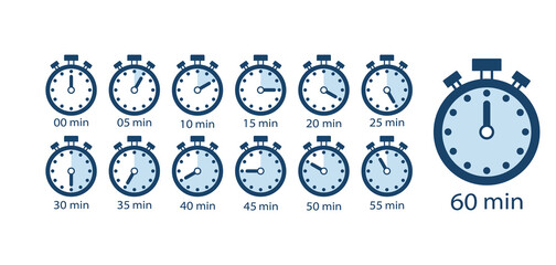 Cooking time, set of time counter icons from 5 minutes to 1 hour. Stopwatch Timer Clock Vector Illustration Isolated