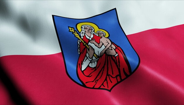 3D Waving Poland City Flag of Lagow Closeup View