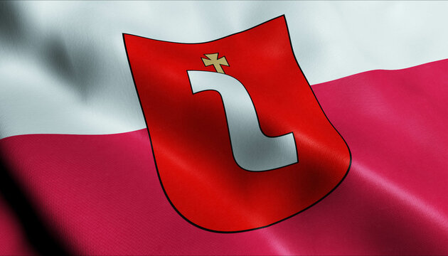 3D Waving Poland City Flag of Lesko Closeup View