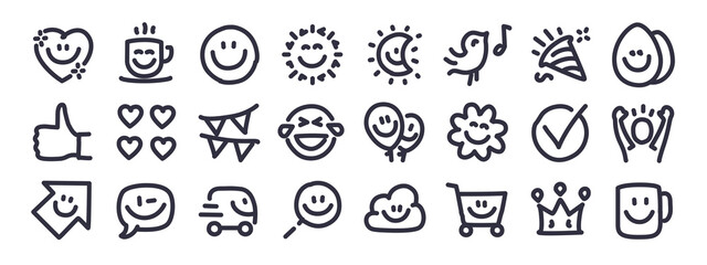 Line art drawings and doodles of simple happy, funny, joyfull, cheering, birthday party, good vibe and positive always smiling icons. All strokes are editable lines