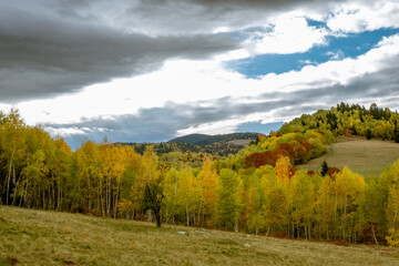 Fototapeta premium beautiful autumn landscapes in the Romanian mountains, Fantanele village area, Sibiu county, Cindrel mountains, Romania